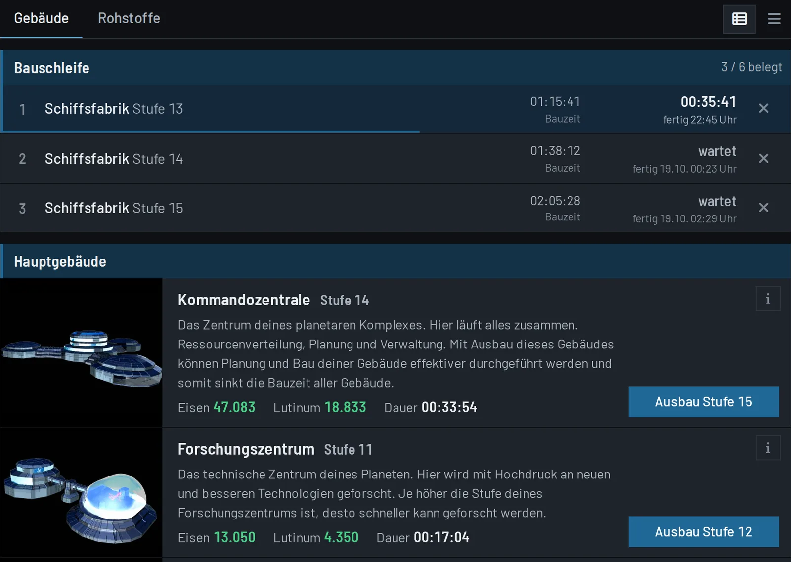 Screenshot Bauschleife mit Fertig-Uhrzeiten