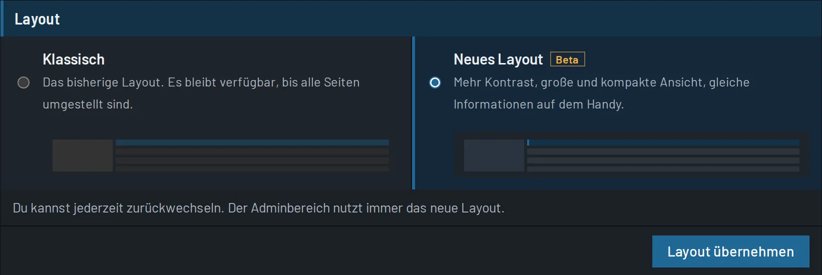 Screenshot Layout in den Einstellungen wählen