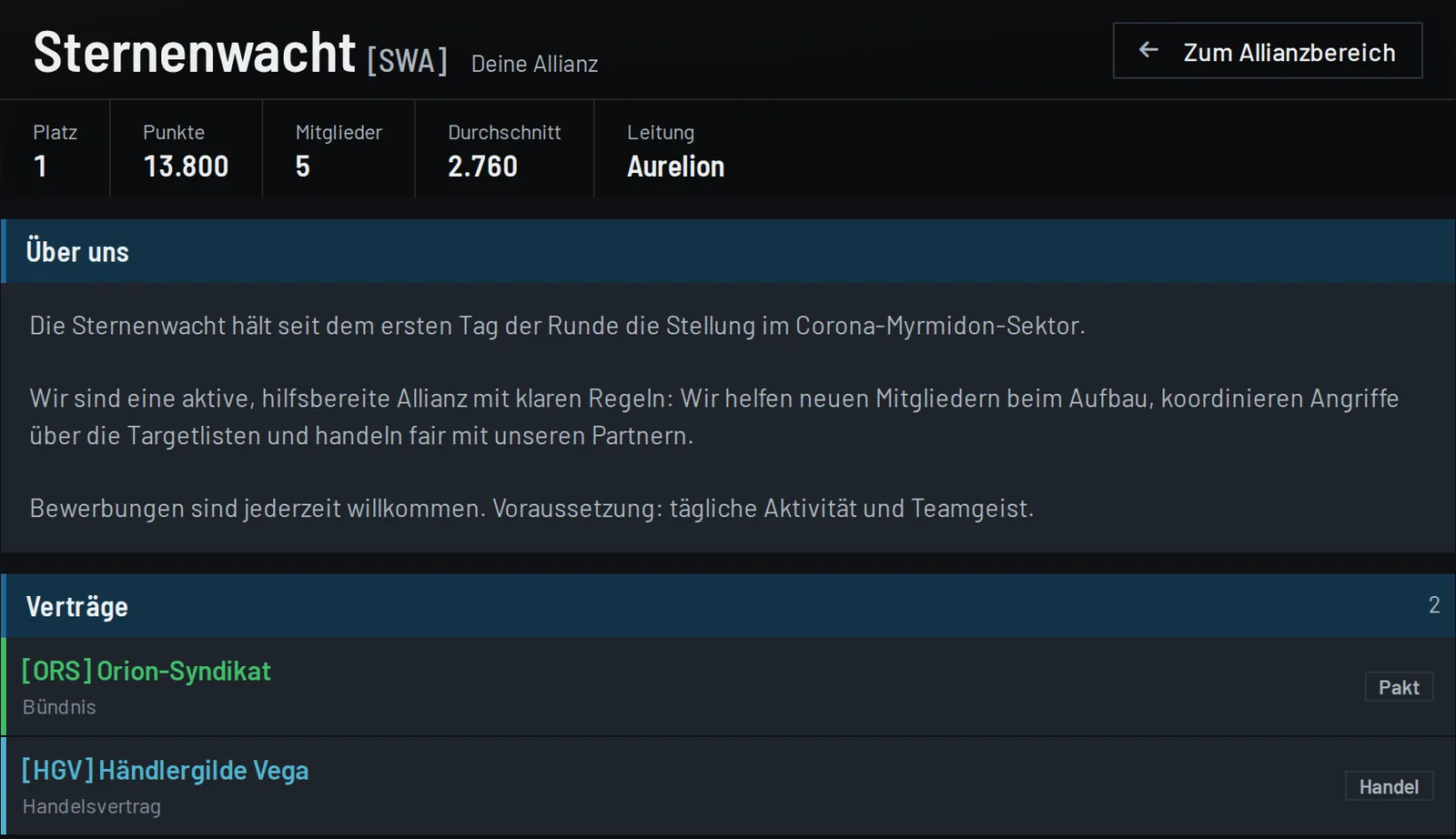 Screenshot Allianzseite mit Verträgen