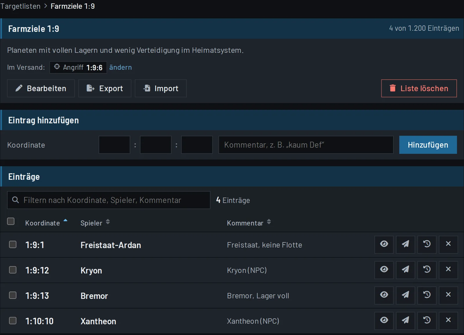 Screenshot Targetliste mit Taktik